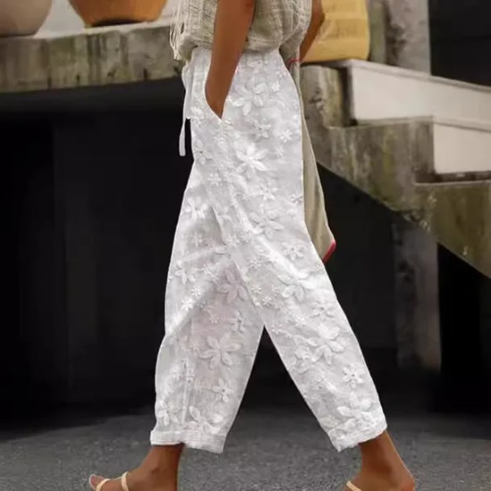 Summer Floral Embroidered Lace-Up Casual Women Crop Pants