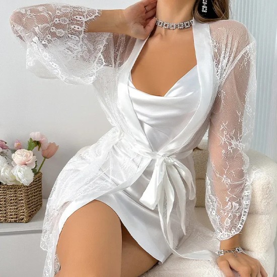 Women Sexy Solid Color Mesh Lace Pajamas Two-Piece Set