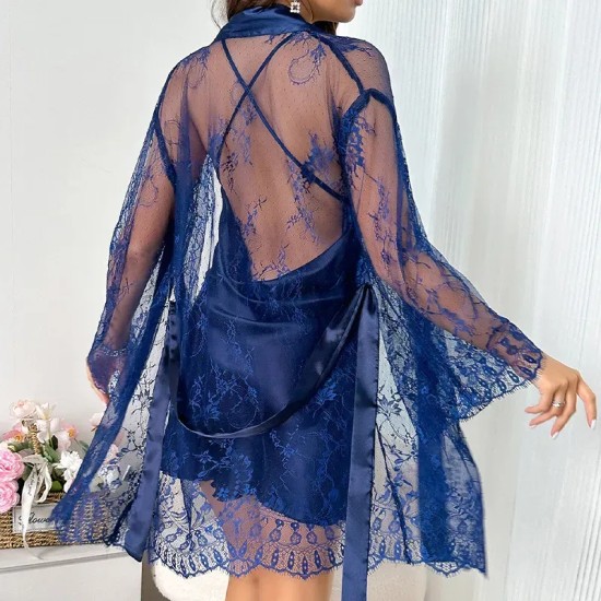 Women Sexy Solid Color Mesh Lace Pajamas Two-Piece Set