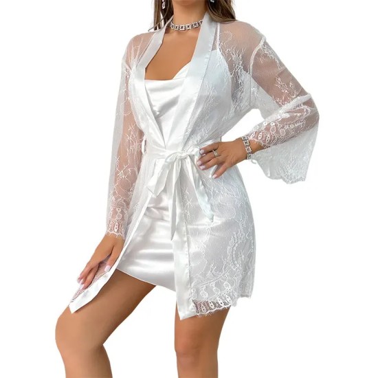 Women Sexy Solid Color Mesh Lace Pajamas Two-Piece Set