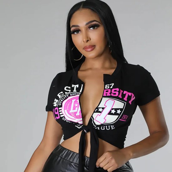 Women Sexy Short Sleeve Knotted Crop Top