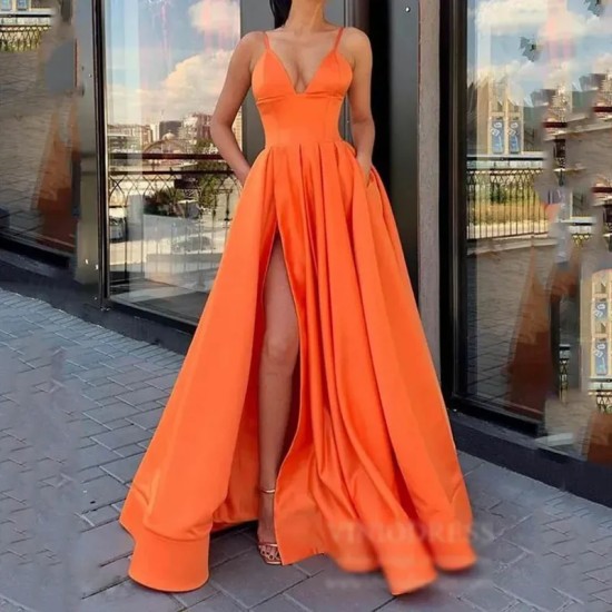 Women Elegant Sleeveless Solid Color Satin Simple Side-slit Dress