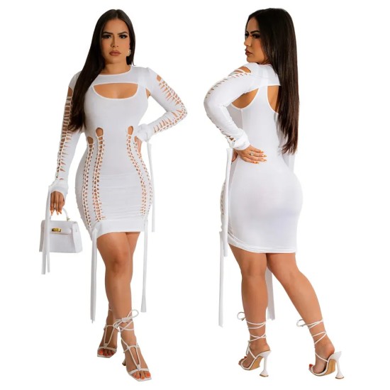 Women Fashion Sexy Solid Color Hollow-Out Round Neck Long Sleeve Tight Dress