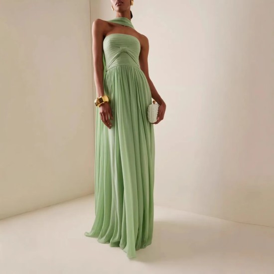 Women Elegant Solid Color Strapless Pleated Party Dress