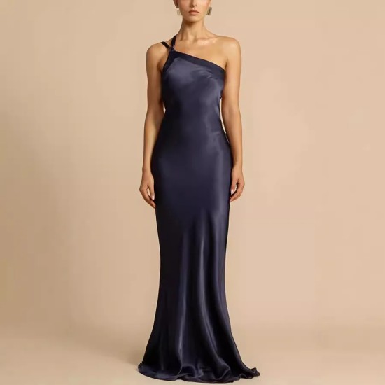 Women Fashion Sexy Satin Oblique Shoulder Slim Maxi Party Dress