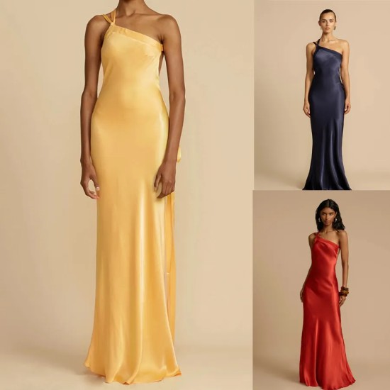 Women Fashion Sexy Satin Oblique Shoulder Slim Maxi Party Dress