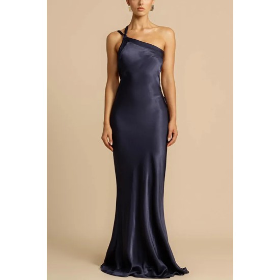 Women Fashion Sexy Satin Oblique Shoulder Slim Maxi Party Dress