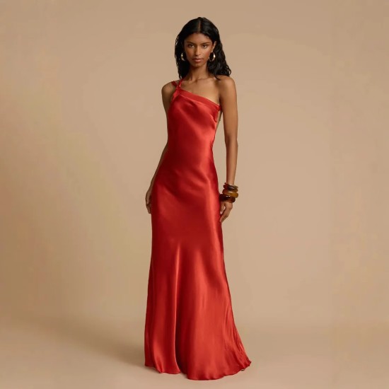 Women Fashion Sexy Satin Oblique Shoulder Slim Maxi Party Dress