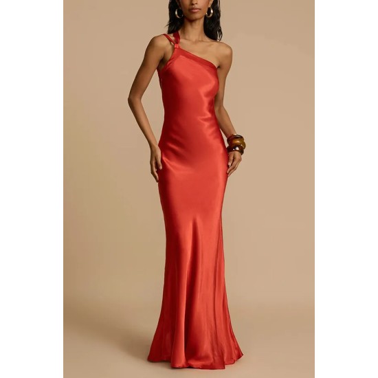 Women Fashion Sexy Satin Oblique Shoulder Slim Maxi Party Dress