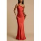Women Fashion Sexy Satin Oblique Shoulder Slim Maxi Party Dress