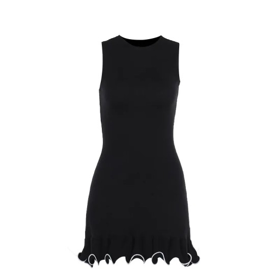 Women Fashion Elegant Contrast Color Wave Edge Round Neck Sleeveless Dress