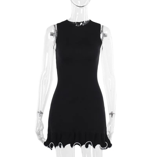 Women Fashion Elegant Contrast Color Wave Edge Round Neck Sleeveless Dress