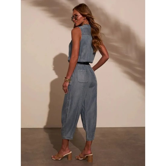 Women Fashion Casual Sleeveless Lapel Denim Jumpsuit Women Fashion Casual Sleeveless Lapel Denim Jumpsuit