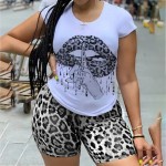 Plus Size Women Casual Lip Graphic Printed Round Neck Short Sleeves Top And Leopard Shorts Two Piece Set
