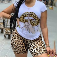 Plus Size Women Casual Lip Graphic Printed Round Neck Short Sleeves Top And Leopard Shorts Two Piece Set