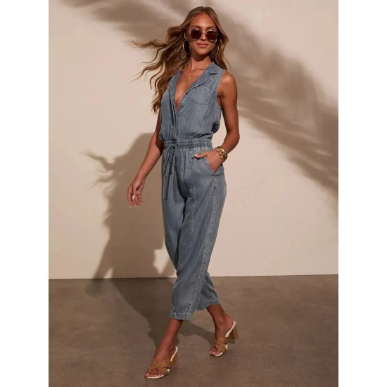 Women Fashion Casual Sleeveless Lapel Denim Jumpsuit Women Fashion Casual Sleeveless Lapel Denim Jumpsuit