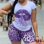 Plus Size Women Casual Lip Graphic Printed Round Neck Short Sleeves Top And Leopard Shorts Two Piece Set