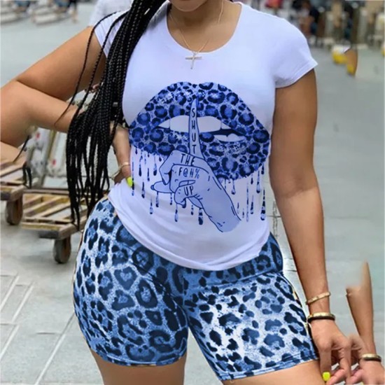 Plus Size Women Casual Lip Graphic Printed Round Neck Short Sleeves Top And Leopard Shorts Two Piece Set