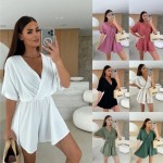 Women Fashion Solid Color V-Neck Loose Rompers Women Fashion Solid Color V-Neck Loose Rompers