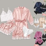 Sexy Women Lace Splicing Straps Long Sleeves Home Pajamas Four-Piece Set Sexy Women Lace Splicing Straps Long Sleeves Home Pajamas Four-Piece Set
