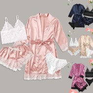 Sexy Women Lace Splicing Straps Long Sleeves Home Pajamas Four-Piece Set