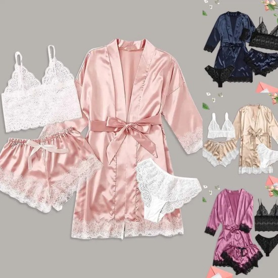 Sexy Women Lace Splicing Straps Long Sleeves Home Pajamas Four-Piece Set Sexy Women Lace Splicing Straps Long Sleeves Home Pajamas Four-Piece Set
