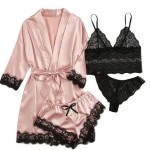Sexy Women Lace Splicing Straps Long Sleeves Home Pajamas Four-Piece Set Sexy Women Lace Splicing Straps Long Sleeves Home Pajamas Four-Piece Set