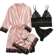 Sexy Women Lace Splicing Straps Long Sleeves Home Pajamas Four-Piece Set Sexy Women Lace Splicing Straps Long Sleeves Home Pajamas Four-Piece Set