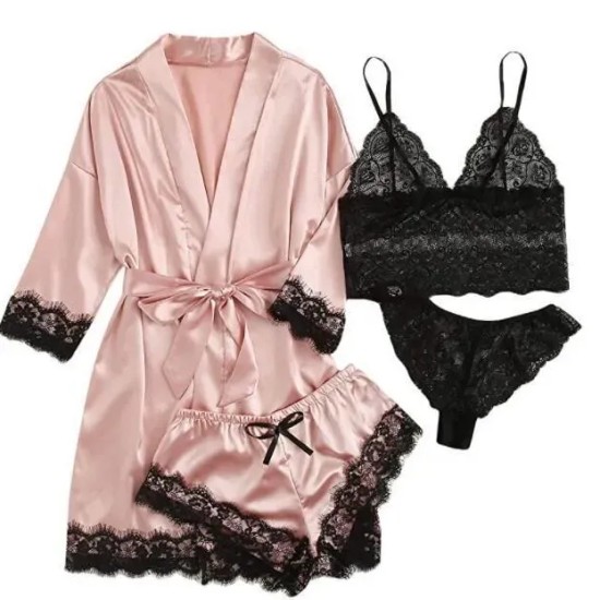 Sexy Women Lace Splicing Straps Long Sleeves Home Pajamas Four-Piece Set Sexy Women Lace Splicing Straps Long Sleeves Home Pajamas Four-Piece Set