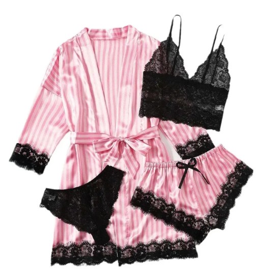 Sexy Women Lace Splicing Straps Long Sleeves Home Pajamas Four-Piece Set Sexy Women Lace Splicing Straps Long Sleeves Home Pajamas Four-Piece Set