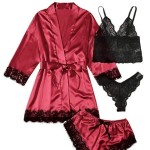 Sexy Women Lace Splicing Straps Long Sleeves Home Pajamas Four-Piece Set Sexy Women Lace Splicing Straps Long Sleeves Home Pajamas Four-Piece Set