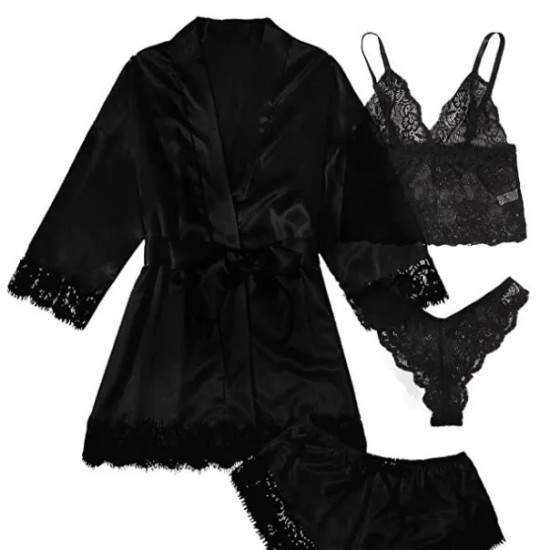 Sexy Women Lace Splicing Straps Long Sleeves Home Pajamas Four-Piece Set Sexy Women Lace Splicing Straps Long Sleeves Home Pajamas Four-Piece Set