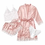 Sexy Women Lace Splicing Straps Long Sleeves Home Pajamas Four-Piece Set Sexy Women Lace Splicing Straps Long Sleeves Home Pajamas Four-Piece Set