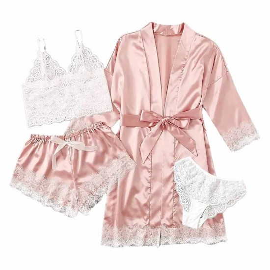 Sexy Women Lace Splicing Straps Long Sleeves Home Pajamas Four-Piece Set Sexy Women Lace Splicing Straps Long Sleeves Home Pajamas Four-Piece Set