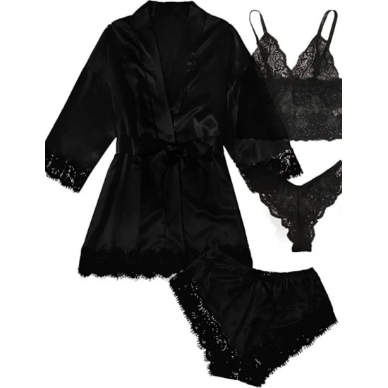 Sexy Women Lace Splicing Straps Long Sleeves Home Pajamas Four-Piece Set Sexy Women Lace Splicing Straps Long Sleeves Home Pajamas Four-Piece Set