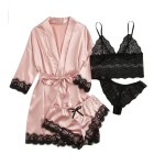 Sexy Women Lace Splicing Straps Long Sleeves Home Pajamas Four-Piece Set Sexy Women Lace Splicing Straps Long Sleeves Home Pajamas Four-Piece Set