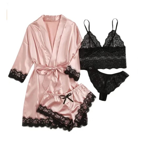 Sexy Women Lace Splicing Straps Long Sleeves Home Pajamas Four-Piece Set Sexy Women Lace Splicing Straps Long Sleeves Home Pajamas Four-Piece Set