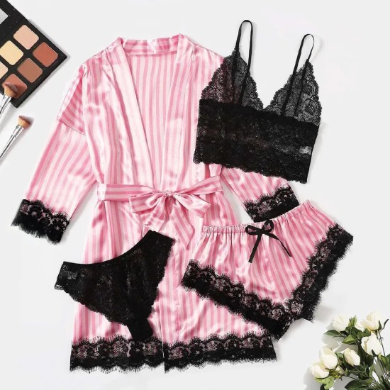 Sexy Women Lace Splicing Straps Long Sleeves Home Pajamas Four-Piece Set Sexy Women Lace Splicing Straps Long Sleeves Home Pajamas Four-Piece Set
