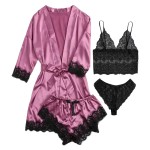 Sexy Women Lace Splicing Straps Long Sleeves Home Pajamas Four-Piece Set Sexy Women Lace Splicing Straps Long Sleeves Home Pajamas Four-Piece Set