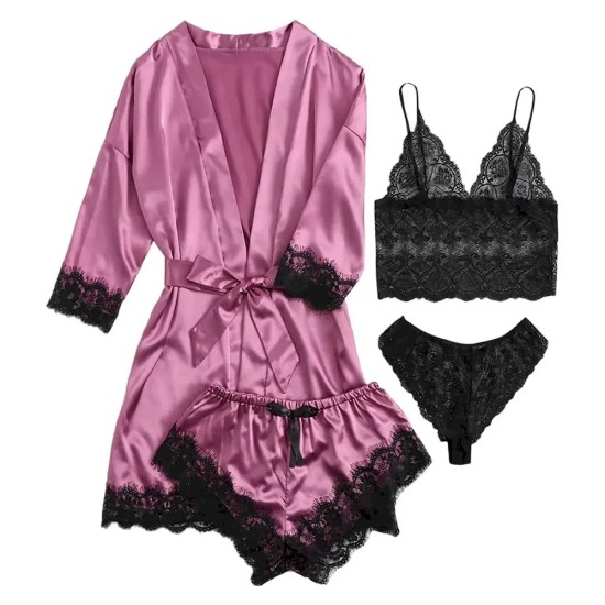 Sexy Women Lace Splicing Straps Long Sleeves Home Pajamas Four-Piece Set Sexy Women Lace Splicing Straps Long Sleeves Home Pajamas Four-Piece Set