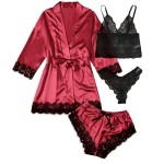Sexy Women Lace Splicing Straps Long Sleeves Home Pajamas Four-Piece Set Sexy Women Lace Splicing Straps Long Sleeves Home Pajamas Four-Piece Set