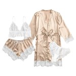 Sexy Women Lace Splicing Straps Long Sleeves Home Pajamas Four-Piece Set Sexy Women Lace Splicing Straps Long Sleeves Home Pajamas Four-Piece Set