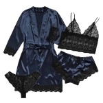 Sexy Women Lace Splicing Straps Long Sleeves Home Pajamas Four-Piece Set Sexy Women Lace Splicing Straps Long Sleeves Home Pajamas Four-Piece Set