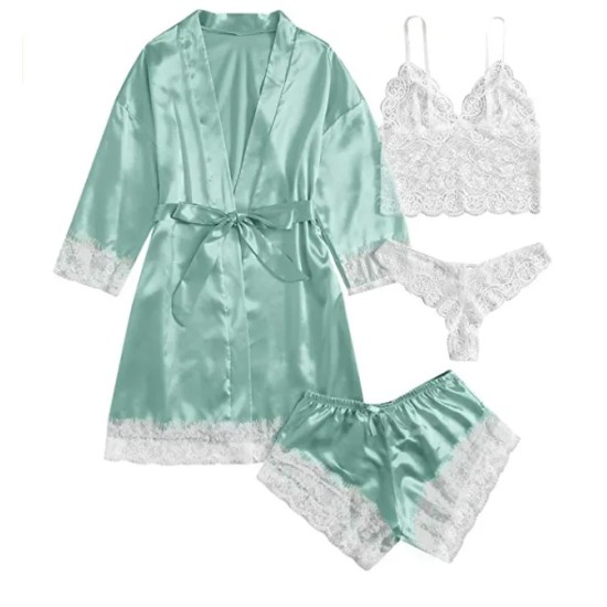 Sexy Women Lace Splicing Straps Long Sleeves Home Pajamas Four-Piece Set Sexy Women Lace Splicing Straps Long Sleeves Home Pajamas Four-Piece Set