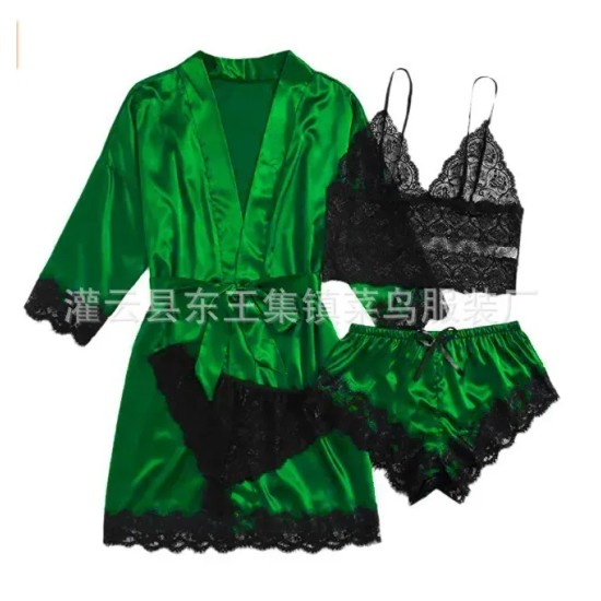 Sexy Women Lace Splicing Straps Long Sleeves Home Pajamas Four-Piece Set Sexy Women Lace Splicing Straps Long Sleeves Home Pajamas Four-Piece Set