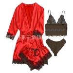 Sexy Women Lace Splicing Straps Long Sleeves Home Pajamas Four-Piece Set Sexy Women Lace Splicing Straps Long Sleeves Home Pajamas Four-Piece Set