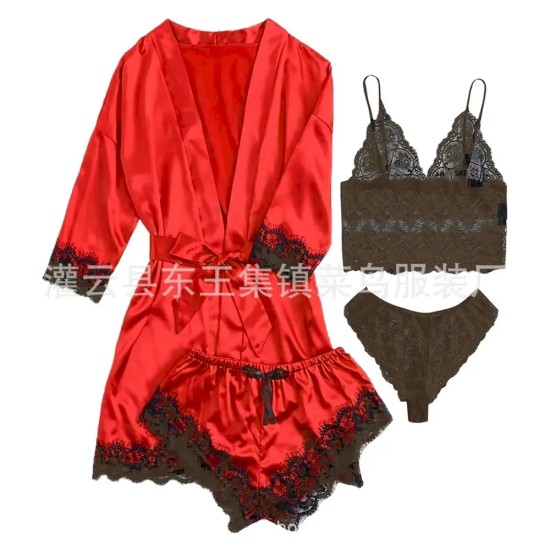 Sexy Women Lace Splicing Straps Long Sleeves Home Pajamas Four-Piece Set Sexy Women Lace Splicing Straps Long Sleeves Home Pajamas Four-Piece Set