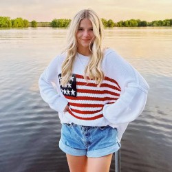 Women Fashion Casual Five-Pointed Star Stripe Flag Long-Sleeve Sweater