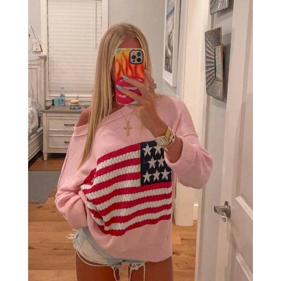 Women Fashion Casual Five-Pointed Star Stripe Flag Long-Sleeve Sweater Women Fashion Casual Five-Pointed Star Stripe Flag Long-Sleeve Sweater