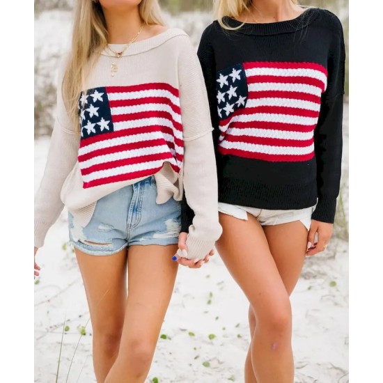 Women Fashion Casual Five-Pointed Star Stripe Flag Long-Sleeve Sweater Women Fashion Casual Five-Pointed Star Stripe Flag Long-Sleeve Sweater